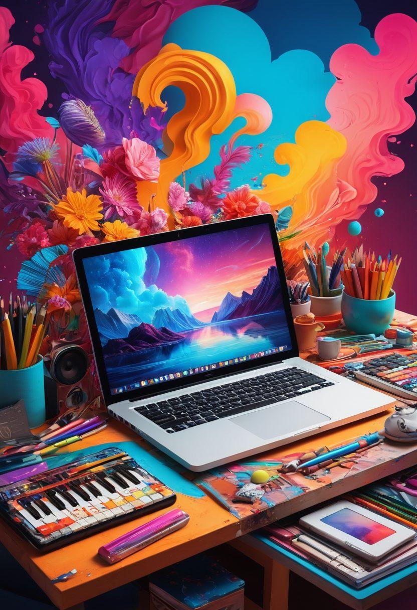 A vibrant digital art piece showcasing a dynamic fusion of blogging elements, like laptops and keyboards, interwoven with hintai-inspired artistic expressions. The scene features diverse artists collaborating, surrounded by colorful art supplies and an ethereal community atmosphere. Incorporate whimsical details that symbolize creativity and connection, blending technology with vibrant artistic expressions. surrealistic style. colorful palette. energetic composition.