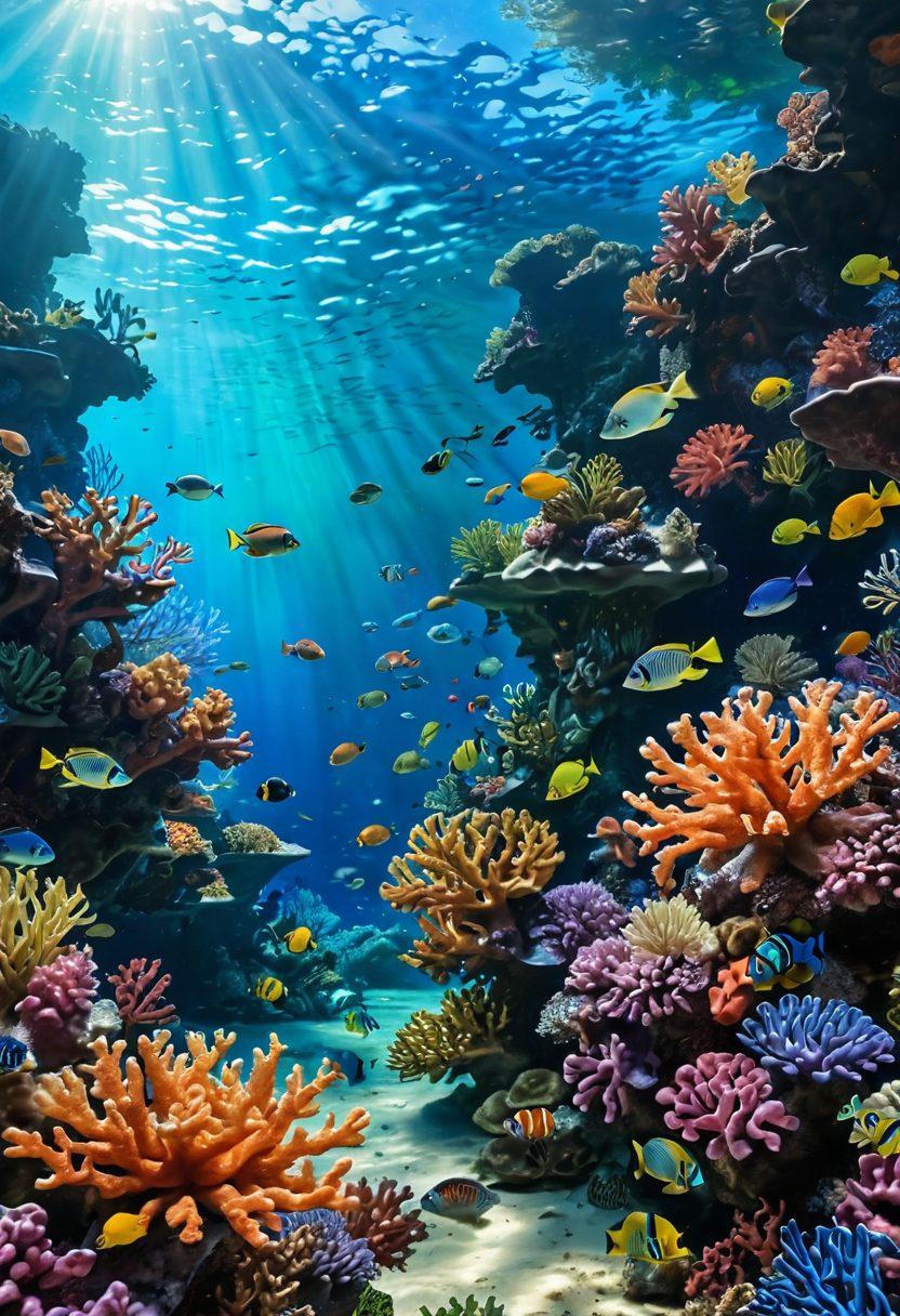 A mesmerizing underwater scene depicting a vibrant coral reef, with hints of traditional Hintai cultural artifacts gently swaying in the current. Schools of colorful fish swim around, while small digital screens showcasing excerpts from online journals hover nearby, blending nature with technology. Bright blues and greens dominate the palette, reflecting a harmonious fusion of culture and environment. super-realistic. vibrant colors. 3D.