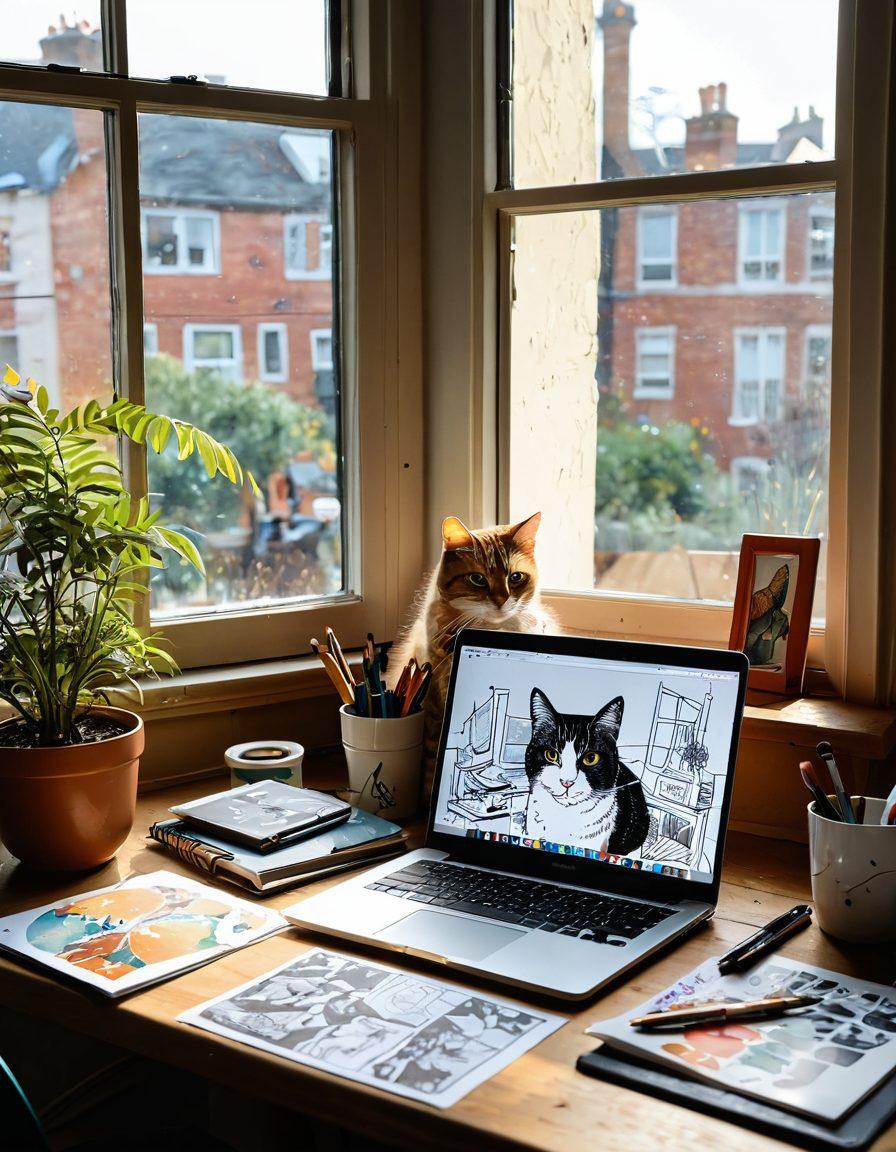 A creative workspace filled with vibrant illustrations depicting various art styles, including sketching, painting, and digital art. A laptop displaying a blog post titled 'From Stories to Illustrations' sits on the desk, surrounded by art supplies such as brushes, paint, and sketch pads. Soft natural light streaming through a window highlights the colors and textures of the artwork. A friendly cat lounges nearby, adding a touch of warmth and humor to the scene. artistic collage. warm tones. natural light.